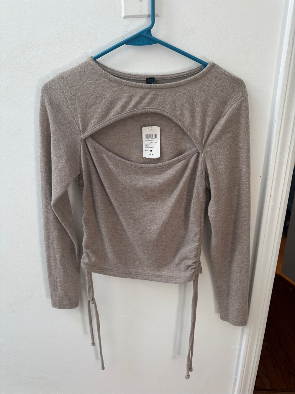 Windsor Taupe Cutout Long-Sleeve Top with Drawstrings New Too Medium